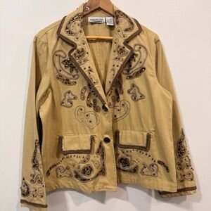 New Direction Cotton Boho Animal Print Embellished Embroidered Tan Blazer Size L